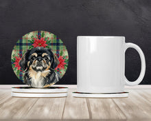 Load image into Gallery viewer, Black and Tan Pekingese Christmas PoinsettIas Large Sandstone Coasters Pack of 4