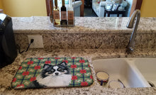 Load image into Gallery viewer, Black and White Pomeranian Christmas PoinsettIas Dish Drying Mat