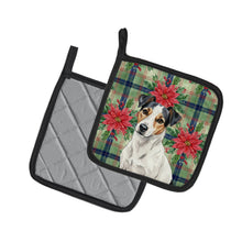 Load image into Gallery viewer, White with Black Markings Russell Terrier Christmas PoinsettIas Pair of Pot Holders