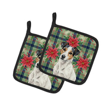 Load image into Gallery viewer, White with Black Markings Russell Terrier Christmas PoinsettIas Pair of Pot Holders