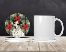 Load image into Gallery viewer, White with Black Markings Russell Terrier Christmas PoinsettIas Large Sandstone Coasters Pack of 4