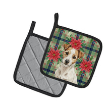 Load image into Gallery viewer, White with Tan Markings Russell Terrier Christmas PoinsettIas Pair of Pot Holders