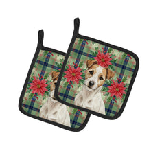 Load image into Gallery viewer, White with Tan Markings Russell Terrier Christmas PoinsettIas Pair of Pot Holders