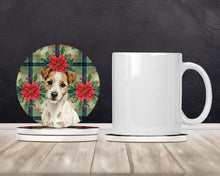 Load image into Gallery viewer, White with Tan Markings Russell Terrier Christmas PoinsettIas Large Sandstone Coasters Pack of 4