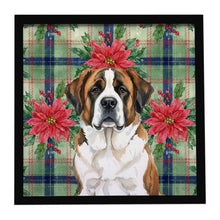 Load image into Gallery viewer, Brindle and White Saint Bernard Christmas PoinsettIas Framed Metal Print