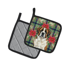 Load image into Gallery viewer, Brindle and White Saint Bernard Christmas PoinsettIas Pair of Pot Holders