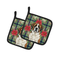 Load image into Gallery viewer, Brindle and White Saint Bernard Christmas PoinsettIas Pair of Pot Holders