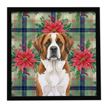 Load image into Gallery viewer, Brown and White Saint Bernard Christmas PoinsettIas Framed Metal Print