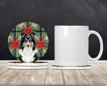 Load image into Gallery viewer, Tricolor Sheltie Christmas PoinsettIas Large Sandstone Coasters Pack of 4