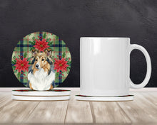 Load image into Gallery viewer, Sable Sheltie Christmas PoinsettIas Large Sandstone Coasters Pack of 4