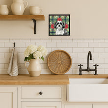 Load image into Gallery viewer, Black and White Shih Tzu Christmas PoinsettIas Framed Metal Print