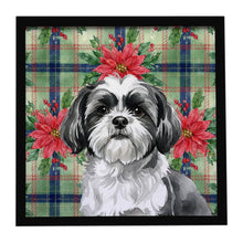 Load image into Gallery viewer, Black and White Shih Tzu Christmas PoinsettIas Framed Metal Print