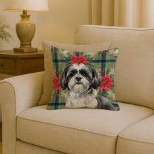 Load image into Gallery viewer, Black and White Shih Tzu Christmas PoinsettIas Throw Pillow