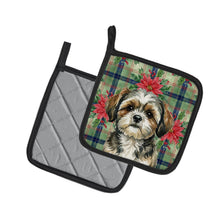 Load image into Gallery viewer, Brindle Shih Tzu Christmas PoinsettIas Pair of Pot Holders