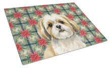 Load image into Gallery viewer, Gold and White Shih Tzu Christmas PoinsettIas Glass Cutting Board