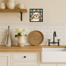 Load image into Gallery viewer, Gold and White Shih Tzu Christmas PoinsettIas Framed Metal Print