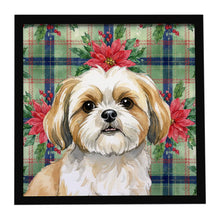 Load image into Gallery viewer, Gold and White Shih Tzu Christmas PoinsettIas Framed Metal Print