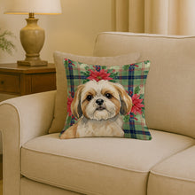 Load image into Gallery viewer, Gold and White Shih Tzu Christmas PoinsettIas Throw Pillow