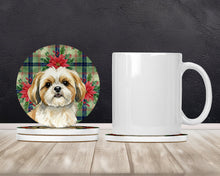 Load image into Gallery viewer, Gold and White Shih Tzu Christmas PoinsettIas Large Sandstone Coasters Pack of 4