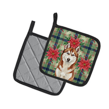 Load image into Gallery viewer, Red and White Siberian Husky Christmas PoinsettIas Pair of Pot Holders