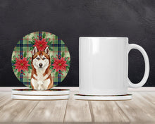 Load image into Gallery viewer, Red and White Siberian Husky Christmas PoinsettIas Large Sandstone Coasters Pack of 4