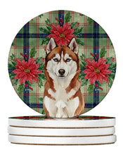 Load image into Gallery viewer, Red and White Siberian Husky Christmas PoinsettIas Large Sandstone Coasters Pack of 4