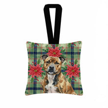Load image into Gallery viewer, Brindle Staffordshire Bull Terrier Christmas PoinsettIas Hanging Square Fabric Ornament 3.5 x 3.5