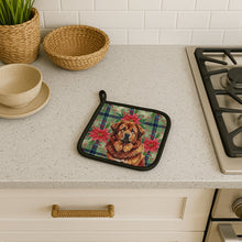 Load image into Gallery viewer, Red Gold Tibetan Mastiff Christmas PoinsettIas Pair of Pot Holders