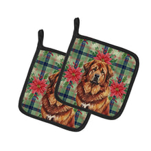 Load image into Gallery viewer, Red Gold Tibetan Mastiff Christmas PoinsettIas Pair of Pot Holders