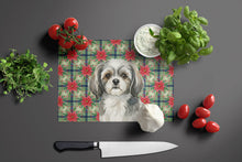 Load image into Gallery viewer, Grey and White Tibetan Spaniel Christmas PoinsettIas Glass Cutting Board