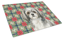 Load image into Gallery viewer, Grey and White Tibetan Spaniel Christmas PoinsettIas Glass Cutting Board