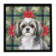 Load image into Gallery viewer, Grey and White Tibetan Spaniel Christmas PoinsettIas Framed Metal Print