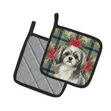 Load image into Gallery viewer, Grey and White Tibetan Spaniel Christmas PoinsettIas Pair of Pot Holders