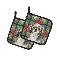 Load image into Gallery viewer, Grey and White Tibetan Spaniel Christmas PoinsettIas Pair of Pot Holders