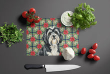 Load image into Gallery viewer, Black and White Tibetan Terrier Christmas PoinsettIas Glass Cutting Board