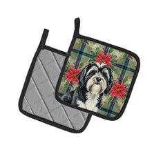 Load image into Gallery viewer, Black and White Tibetan Terrier Christmas PoinsettIas Pair of Pot Holders
