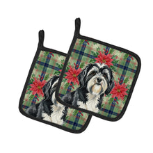 Load image into Gallery viewer, Black and White Tibetan Terrier Christmas PoinsettIas Pair of Pot Holders