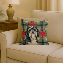 Load image into Gallery viewer, Black and White Tibetan Terrier Christmas PoinsettIas Throw Pillow