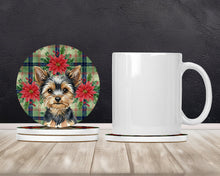 Load image into Gallery viewer, Black and Tan Yorkshire Terrier Christmas PoinsettIas Large Sandstone Coasters Pack of 4