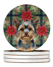 Load image into Gallery viewer, Blue and Tan Yorkshire Terrier Christmas PoinsettIas Large Sandstone Coasters Pack of 4