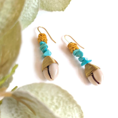 Wagnerite Turquoise Cowrie Shell Earrings
