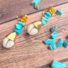 Load image into Gallery viewer, Wagnerite Turquoise Cowrie Shell Earrings