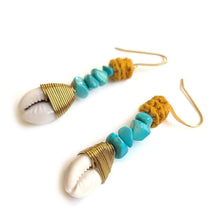 Load image into Gallery viewer, Wagnerite Turquoise Cowrie Shell Earrings