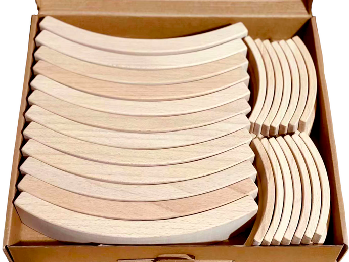 **Pre-order (Ships in 2-3 Weeks)**42-Piece Combination Set – 12 Large & 30 Mini Curved Natural Wooden Building Blocks
