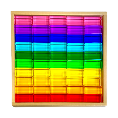 **Pre-order (Ships in 1-2 Weeks)**50 Pcs Rainbow Crystal Clear Translucent Rectangular Lucite Building Blocks Set with Storage Tray
