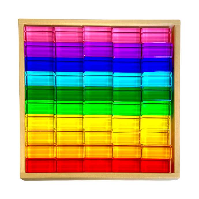 **Pre-order (Ships in 1-2 Weeks)**50 Pcs Rainbow Crystal Clear Translucent Rectangular Lucite Building Blocks Set with Storage Tray