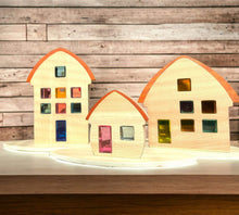 Load image into Gallery viewer, **Pre-order (Ships in 2-3 Weeks)**3-Piece Wooden Window Houses with Darker Roofs