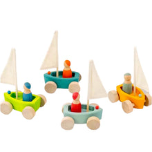 Load image into Gallery viewer, **Pre-order (Ships in 1-2 Weeks)**4 Pcs STAINED Wooden Land Yachts Set with 4 Pcs Peg dolls