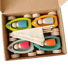 Load image into Gallery viewer, **Pre-order (Ships in 1-2 Weeks)**4 Pcs STAINED Wooden Land Yachts Set with 4 Pcs Peg dolls