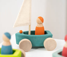 Load image into Gallery viewer, **Pre-order (Ships in 1-2 Weeks)**4 Pcs STAINED Wooden Land Yachts Set with 4 Pcs Peg dolls